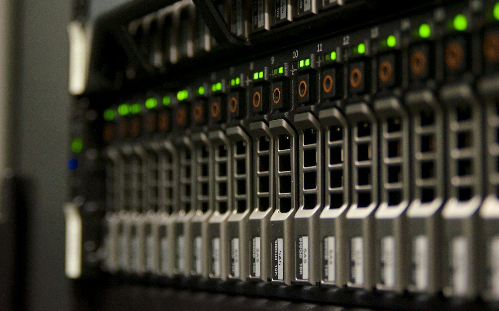 Server rack with status lights in a data centre