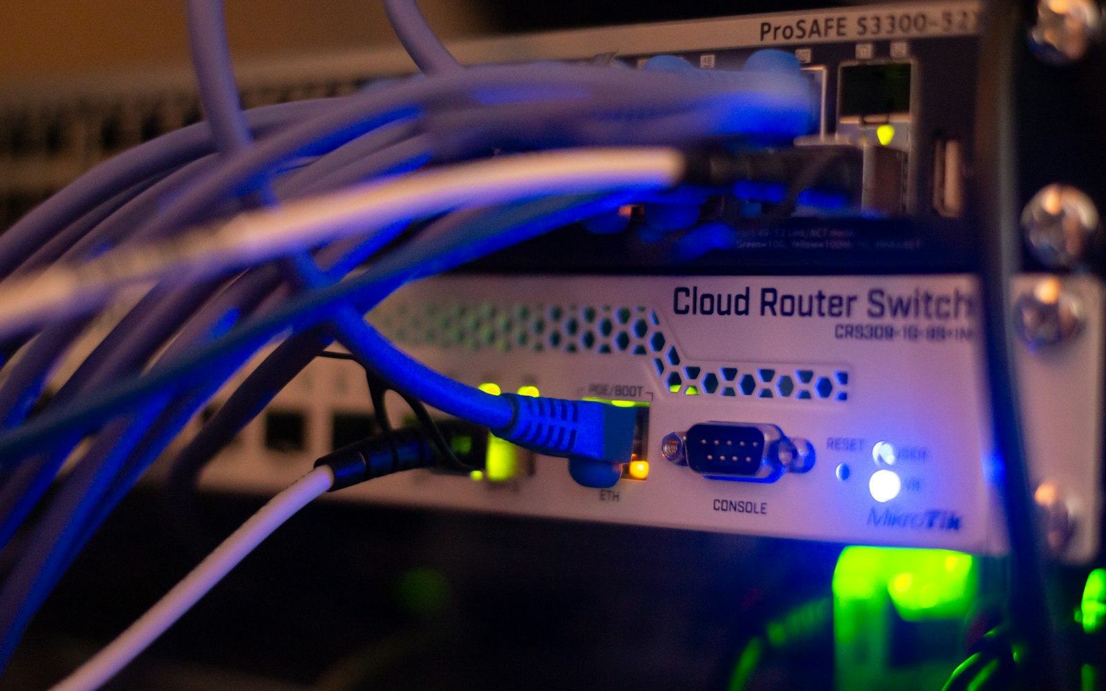 Close-up of network cables connected to switch ports