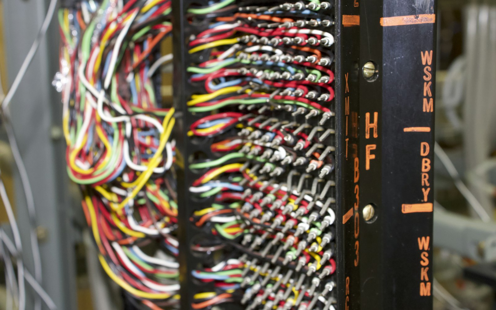 Network rack with labelled cabling in an office comms room