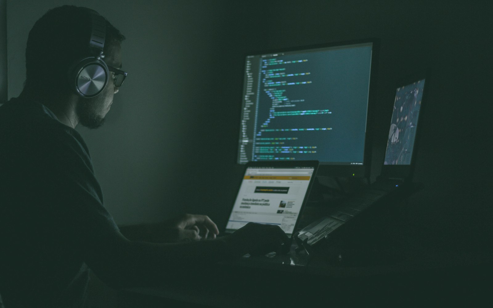 Analyst working on laptops reviewing security activity