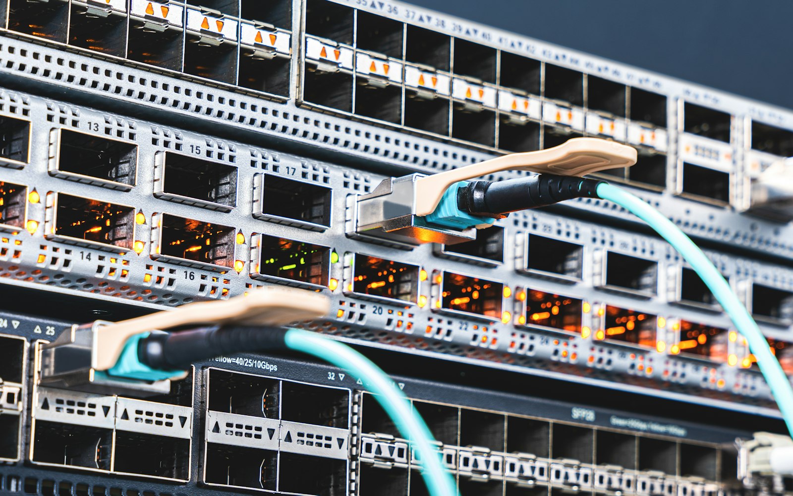 Cabling connected to servers and storage in a data room